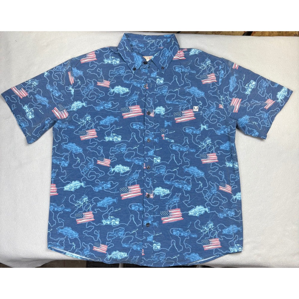 Huk Kona Fish and Flags Blue Fishing Button Down Shirt Men's L
